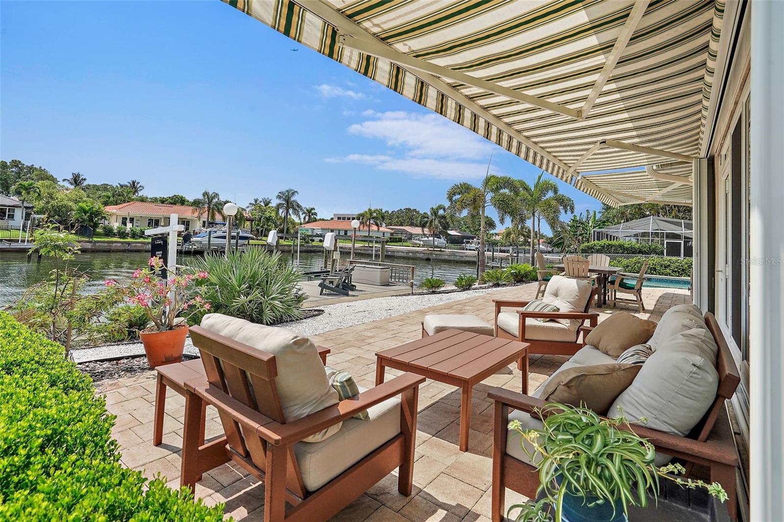 Large patio with awning retractable cover