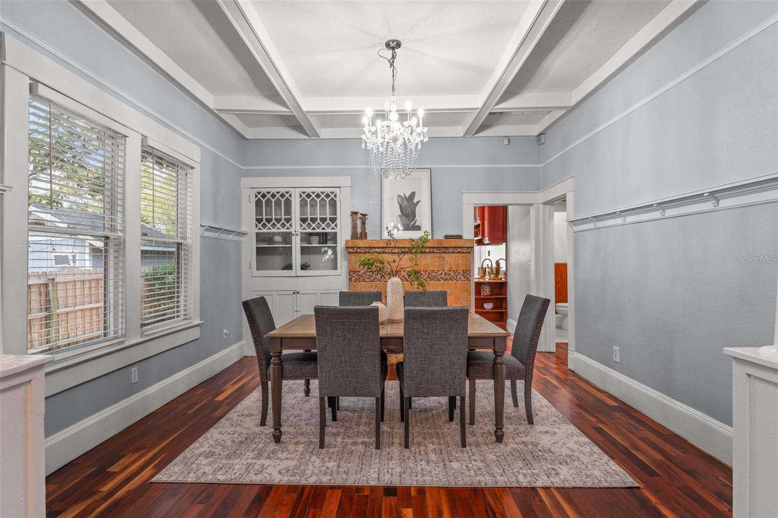 Dining room with fireplace and built-in