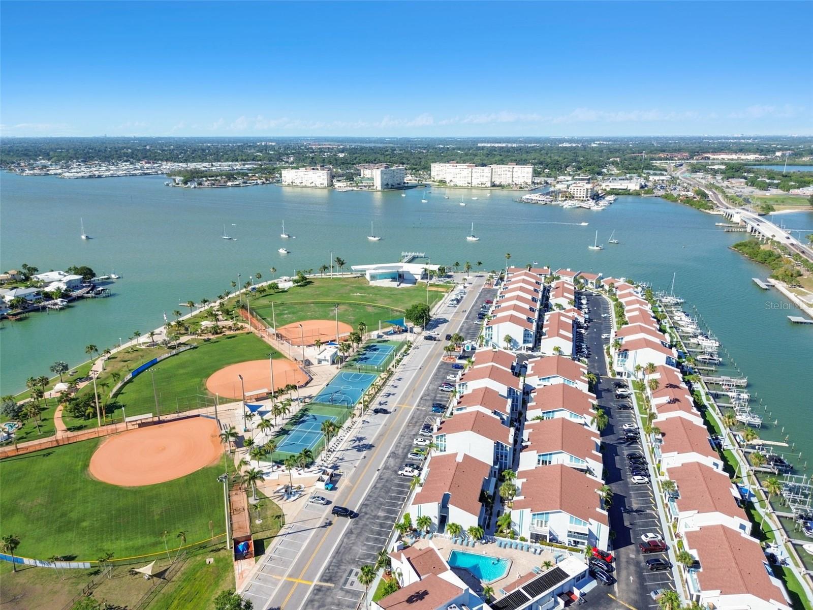 Aerial view facing east overlooking baseball field