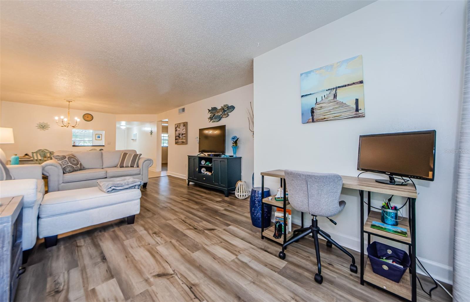 living room, desk area, dining room