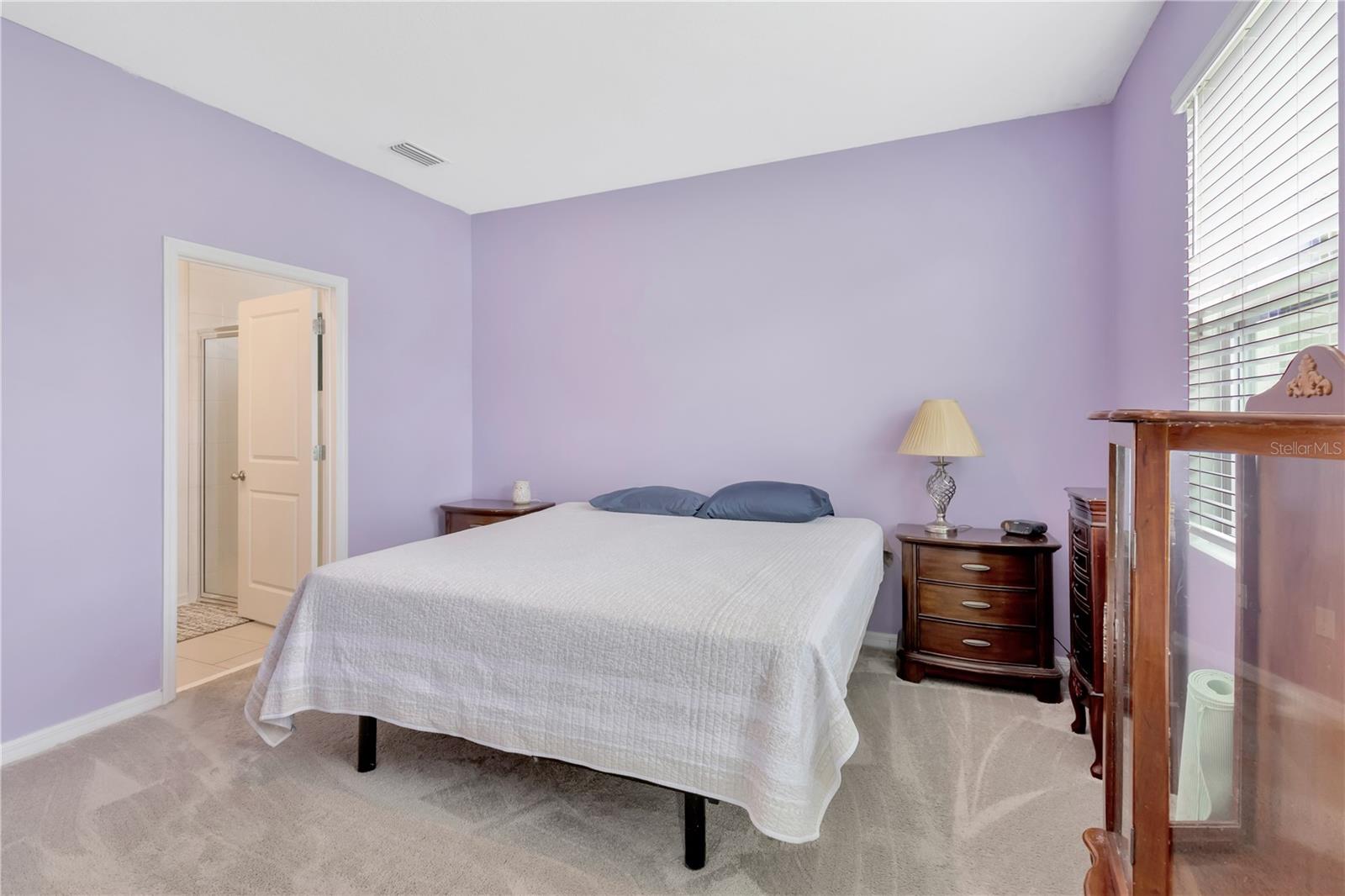 Primary bedroom with large walk-in closet is located downstairs