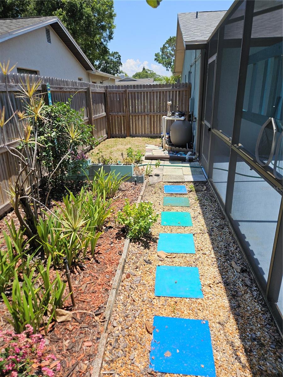 Backyard with walkway around pool