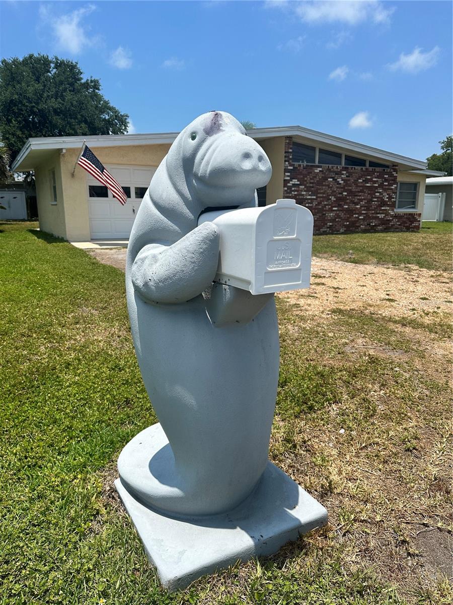 The famous manatee mailbox of the neighborhood that has a full wardrobe for holidays!