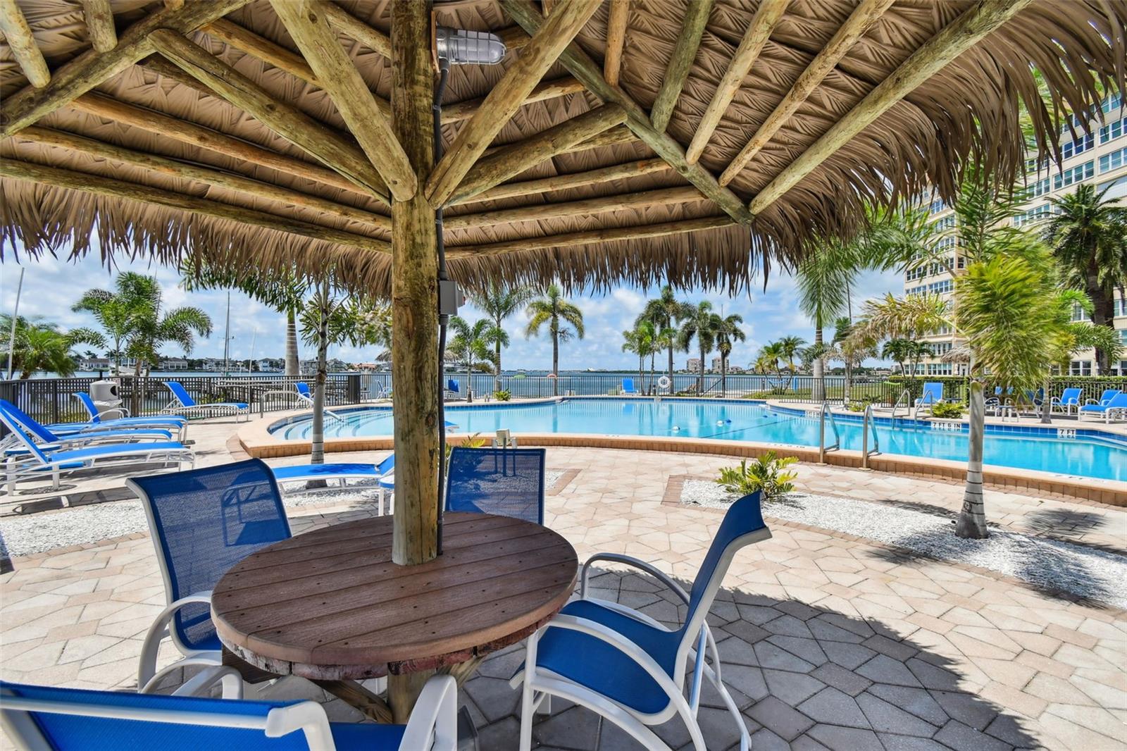 Sip your tea in  the shade of 1 of 4 heated pools overlooking Boca Ciega Bay