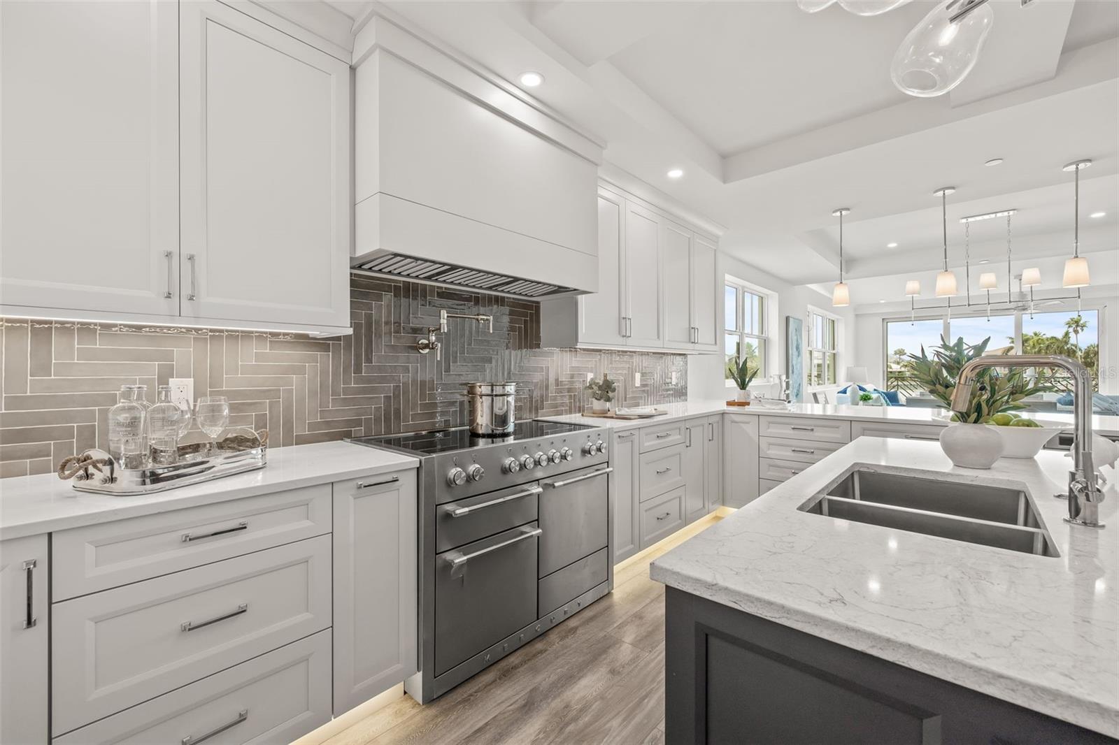 Induction range and a pot filler above the stove.