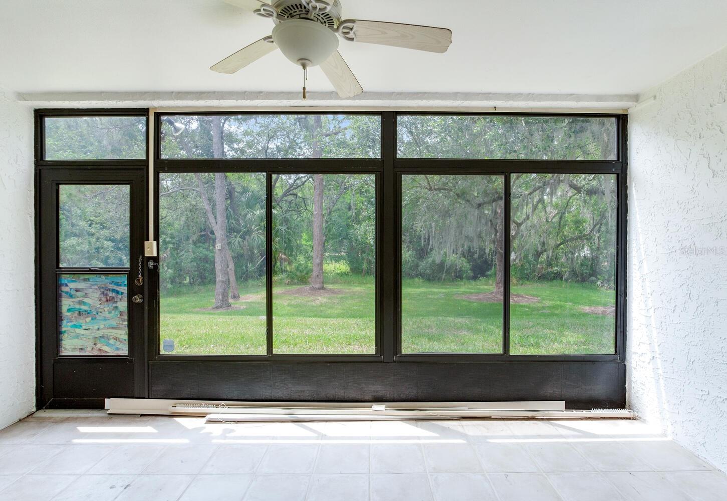 View from enclosed patio with storage area