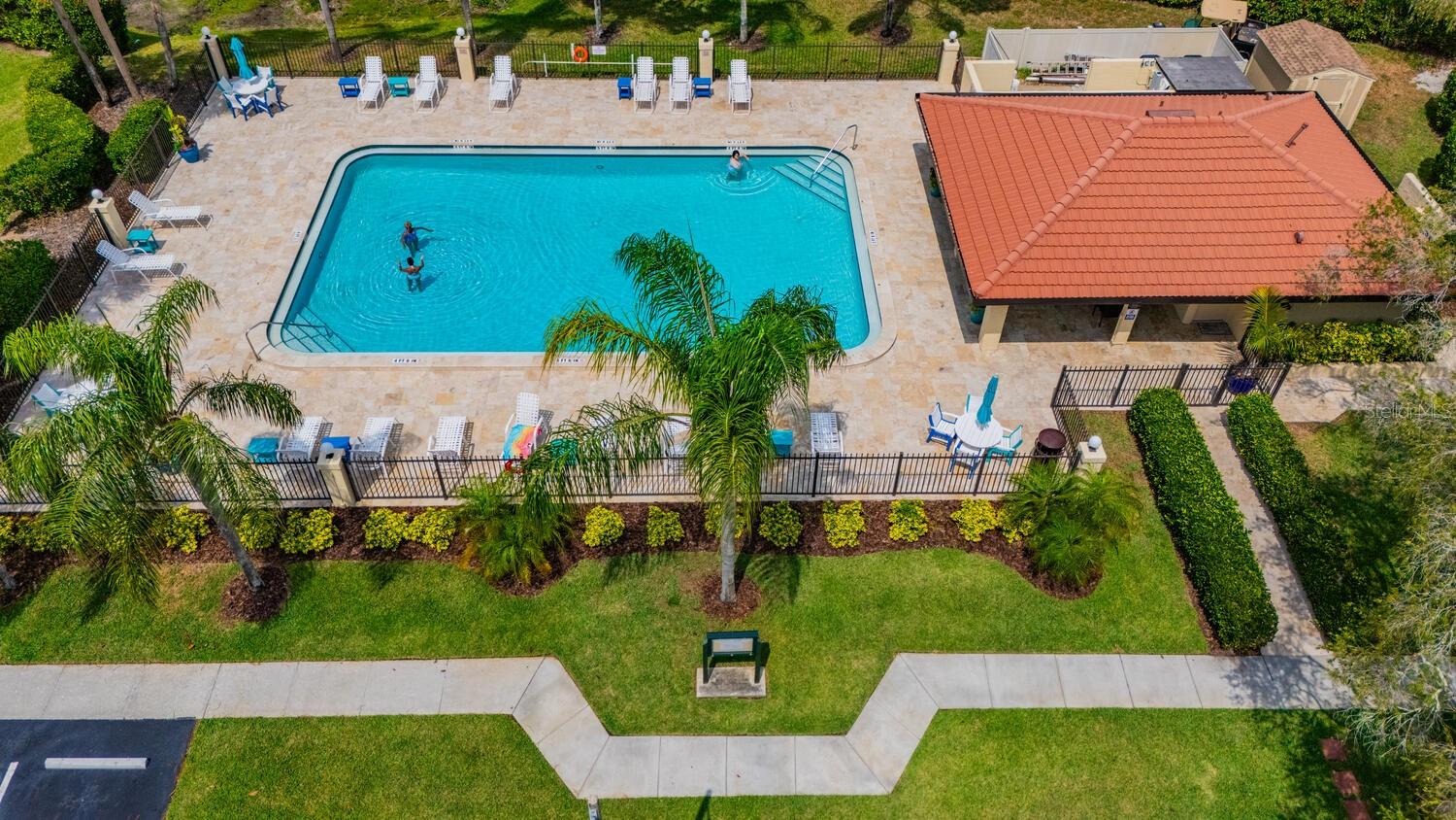 Aerial view of clubhouse and pool