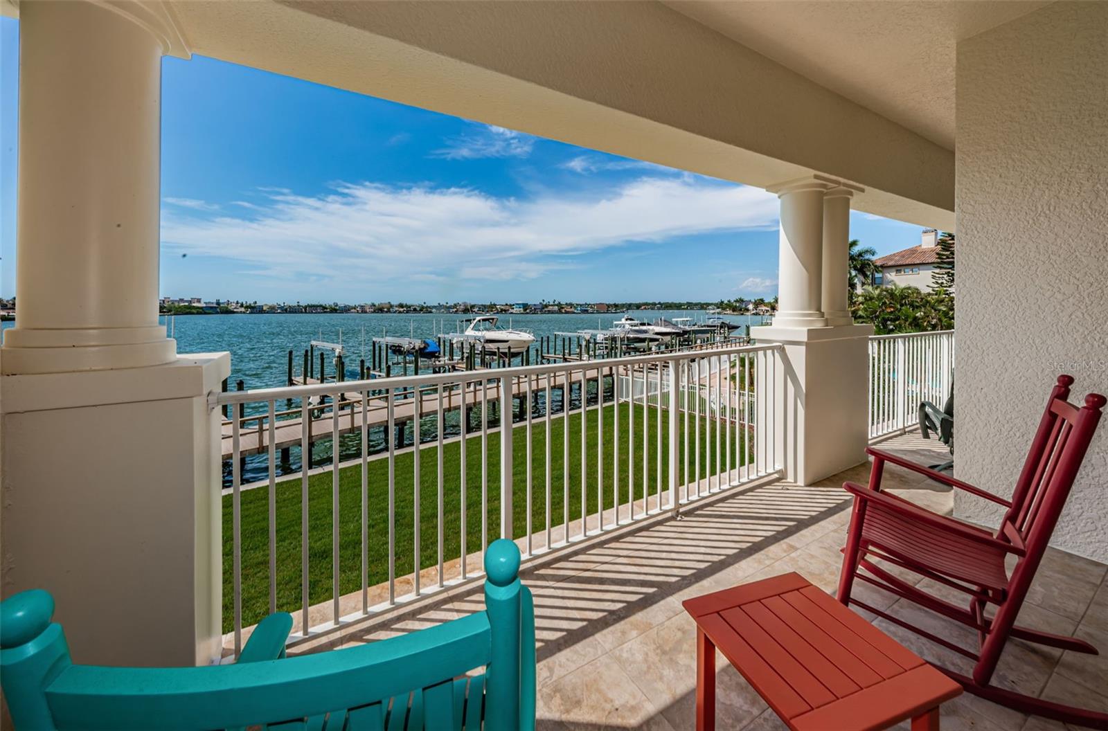 .. Sweeping Water Views Over Boca Ciega Bay from Master Bedroom Balcony Area. This 45 Foot Waterfront Balcony runs along the entire Unit. View Looking East.. The Master Bedroom is 14.1 Foot Wide. Balcony Divider Wall  is at 15 Feet...