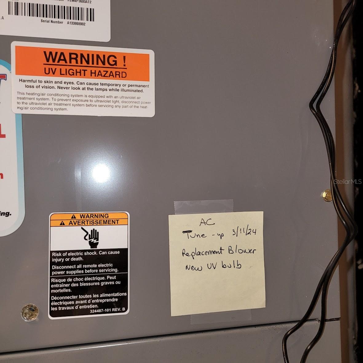 The HVAC system is located in the utility closet by the entry to the unit. The system was tuned up in March of 2024 and the UV bulb was replaced.