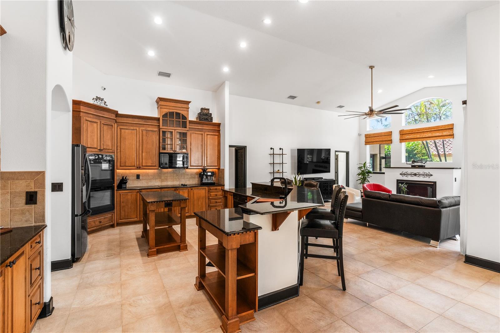 Kitchen, living room.