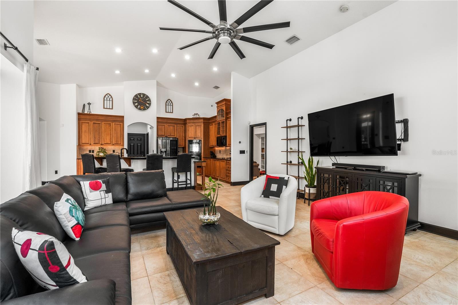 Living room, kitchen.