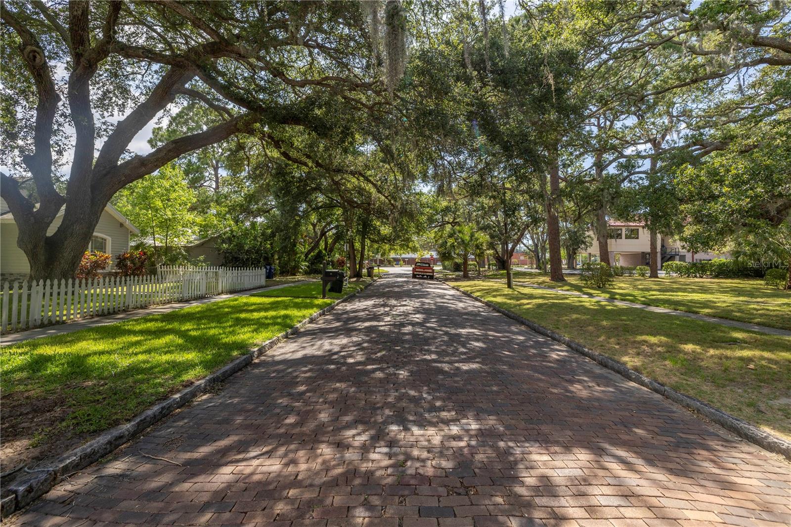 Tree lined, historic brick street