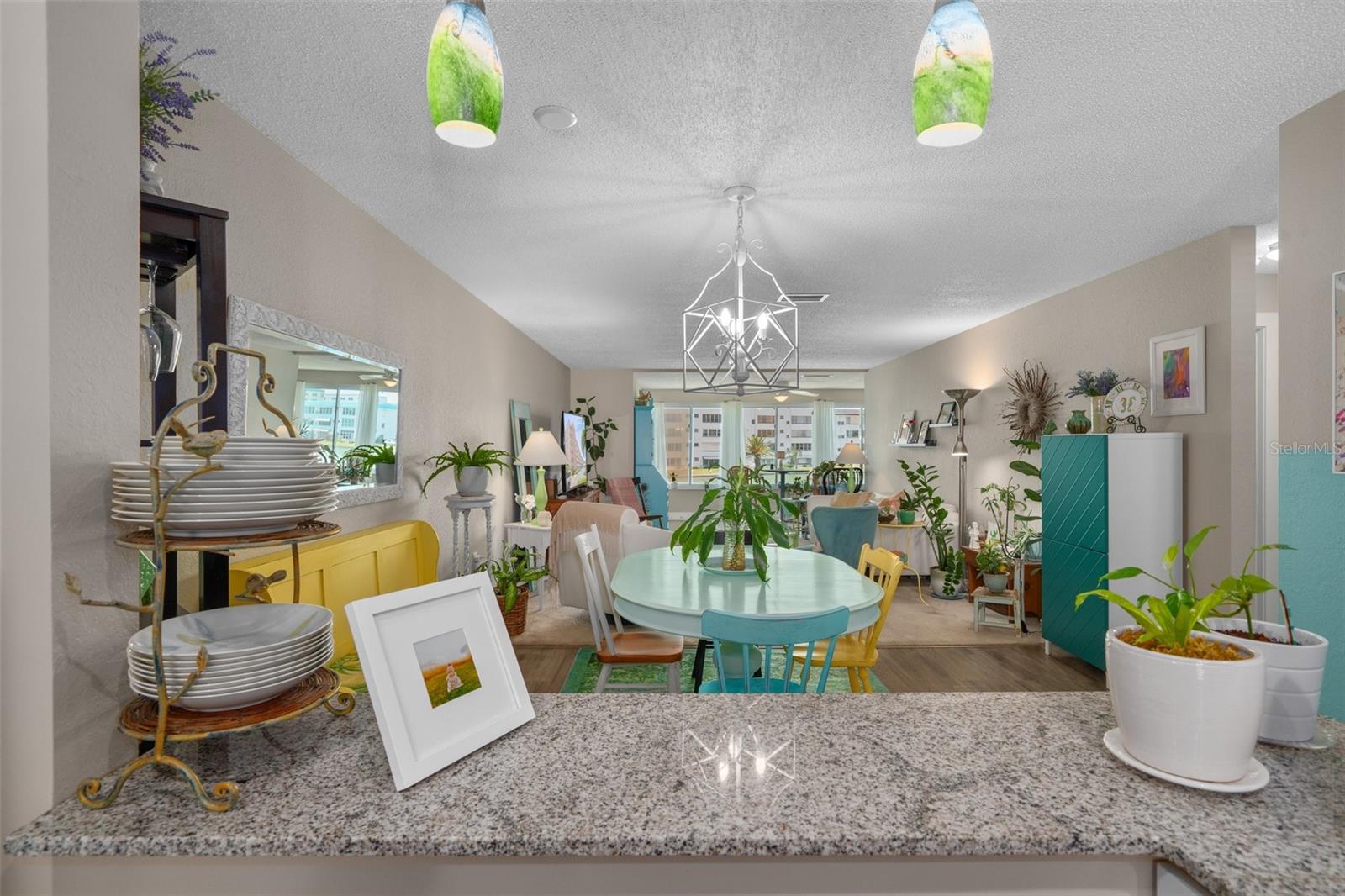 Looking out into the dining/living room from the kitchen.