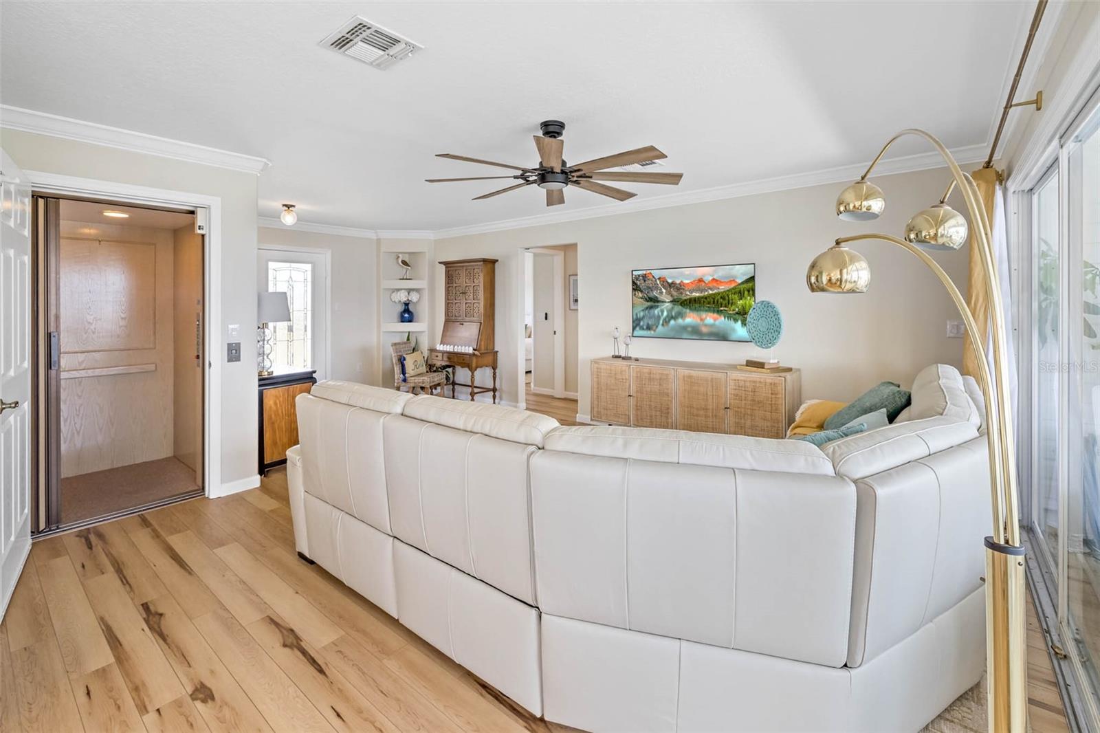 View into open living room.