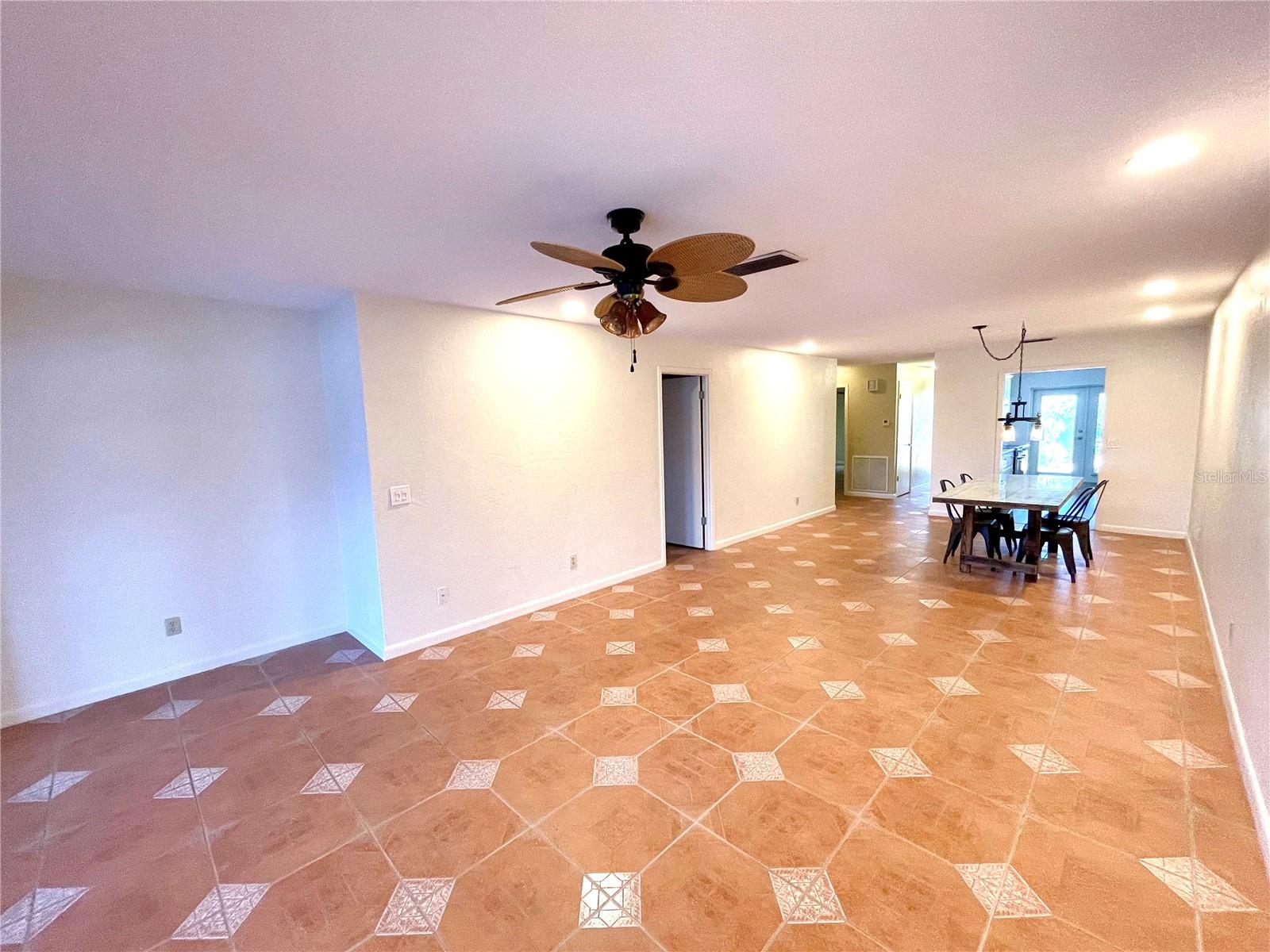 View from French doors to living room