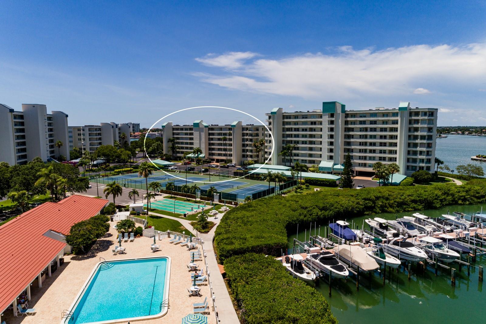 Clubhouse pool and marina.