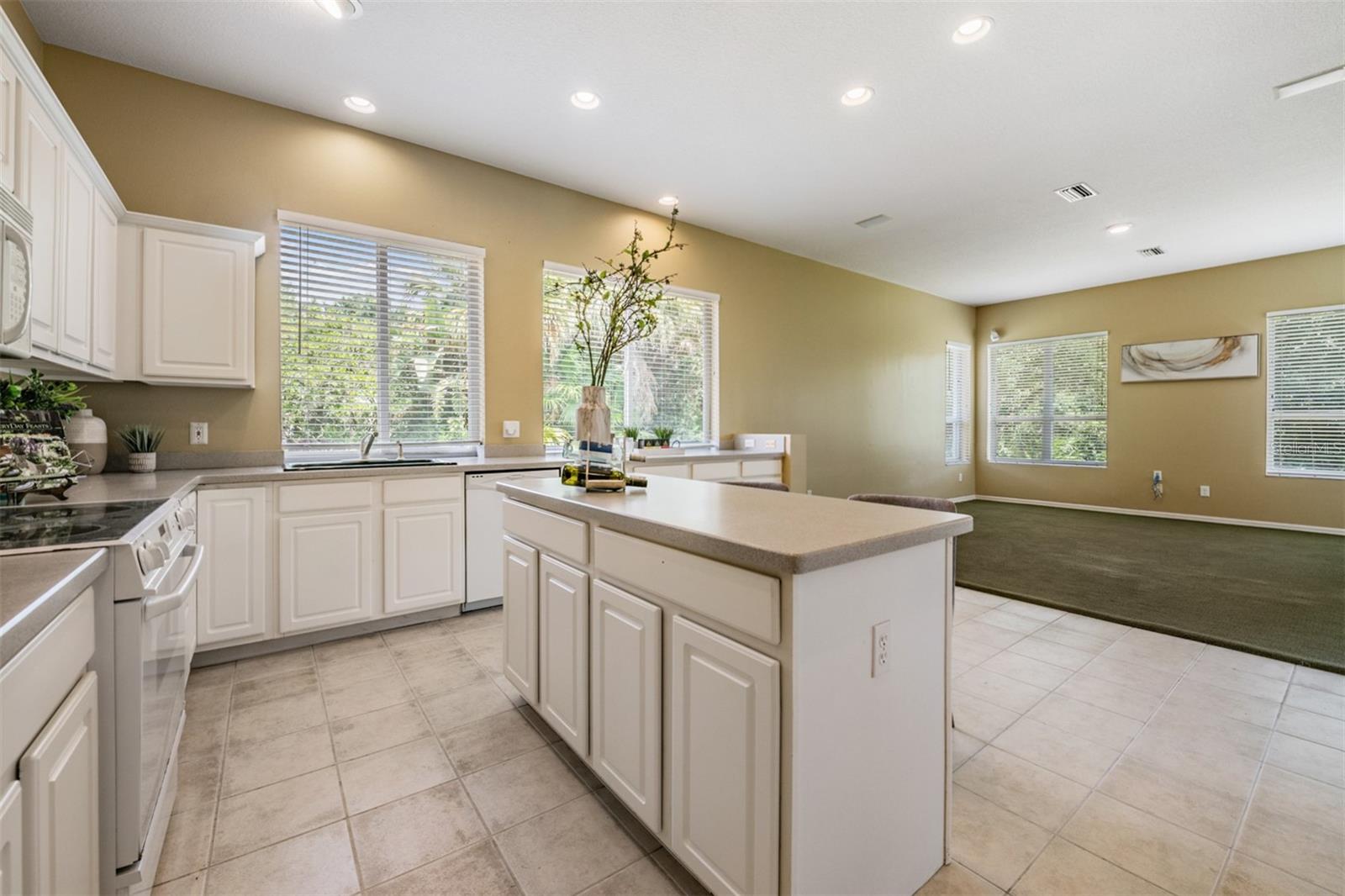 Spacious and open kitchen, tile flooring and corian countertops