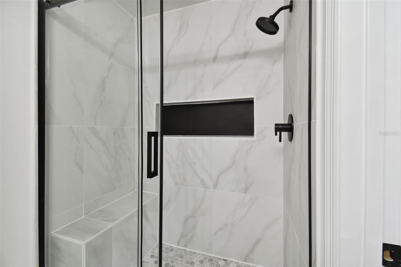 Frameless Shower Door, Niche & Shower Bench