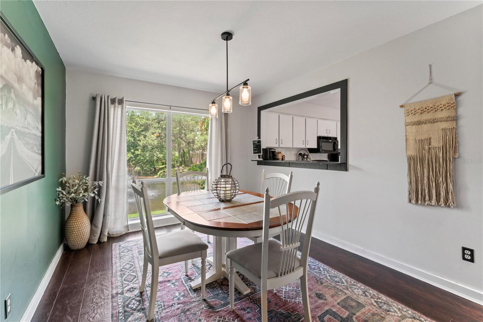 Dining room with views of pond and fountain