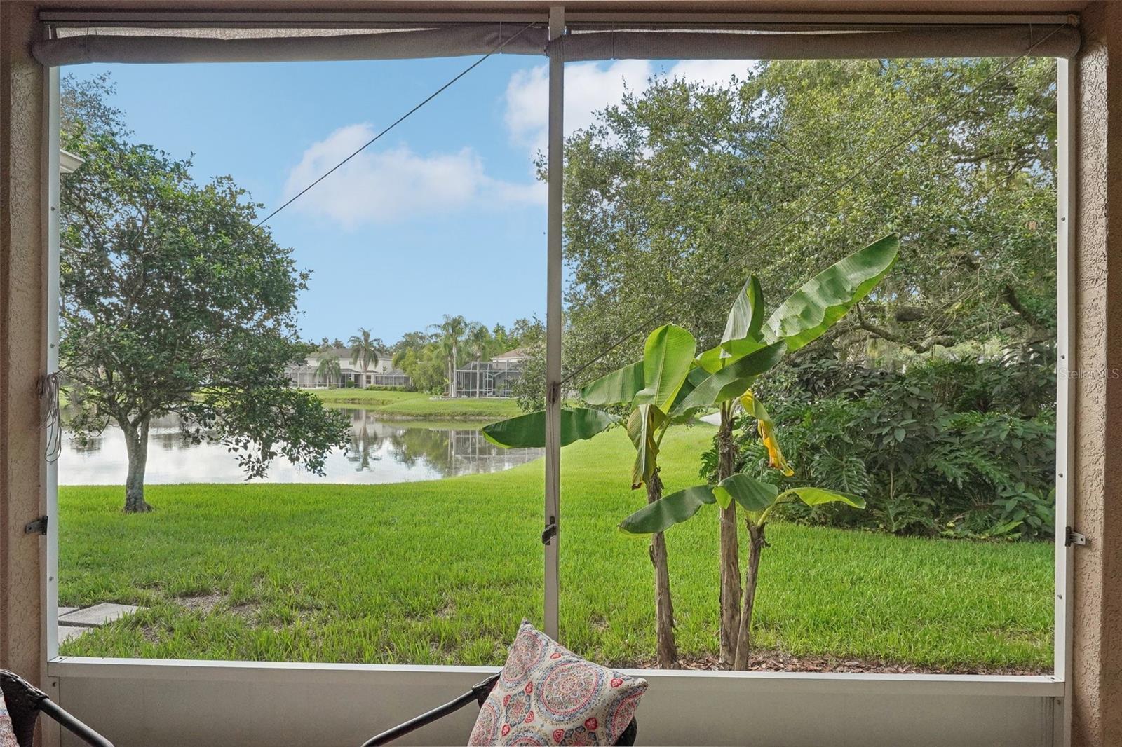 Lanai with view of the pond