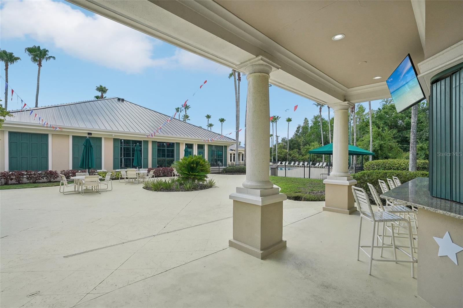 View from gazebo to back of community center building