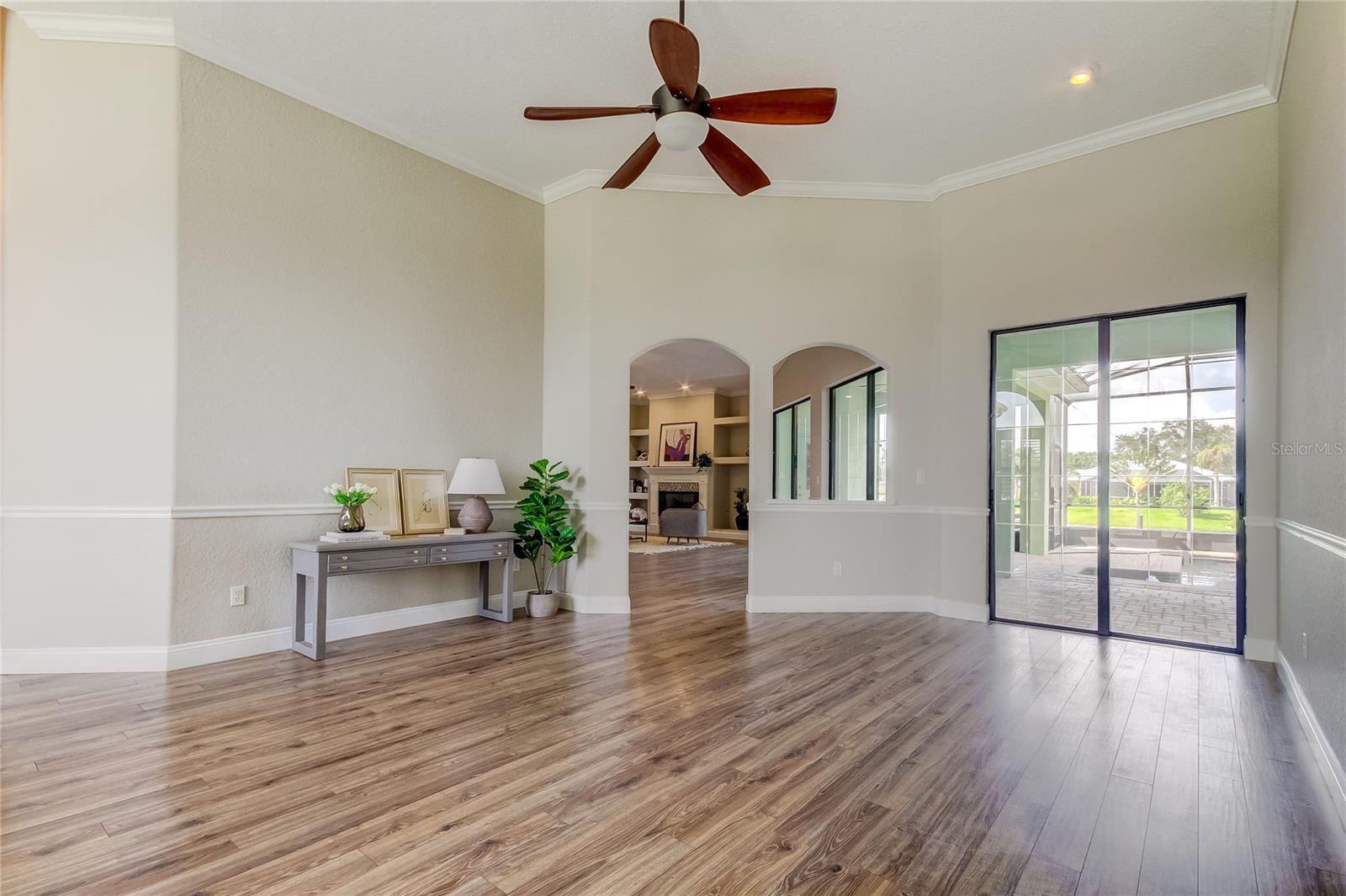 Family room looks out to the pool.