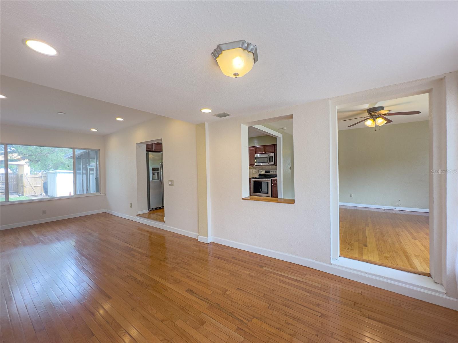 View of great room with pass thru and entrance to living room