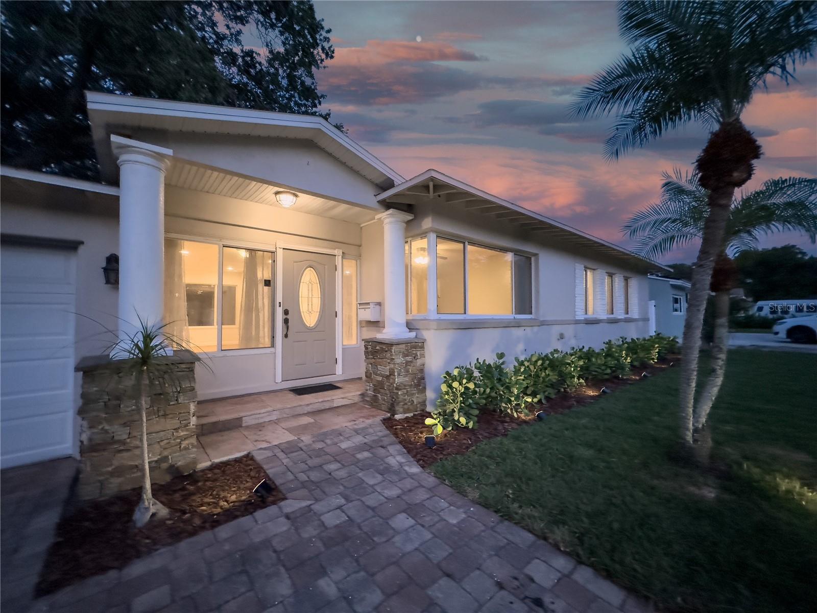 Evening front entrance of home.