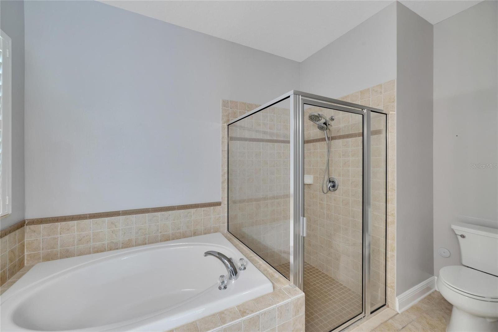 Primary bathroom view of soaking tub and separate shower