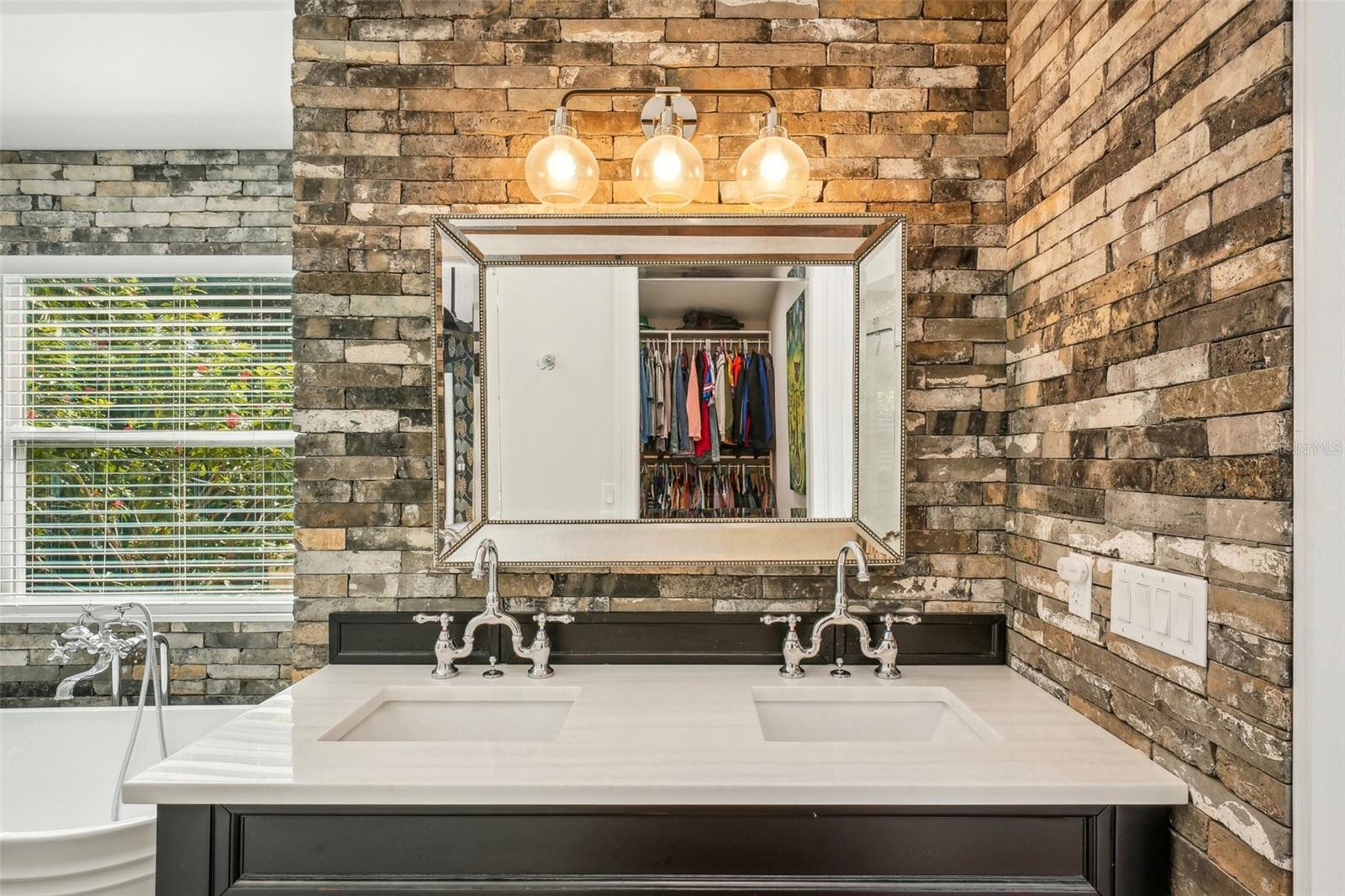 Master bath double sink vanity with quartz countertop