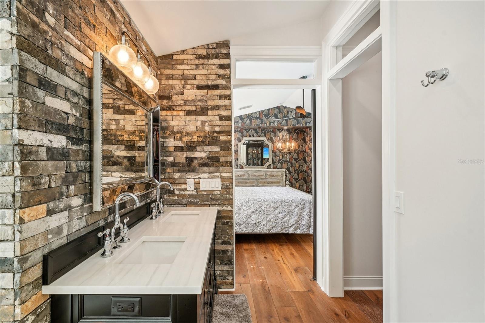 Master bath double sink vanity with quartz countertop