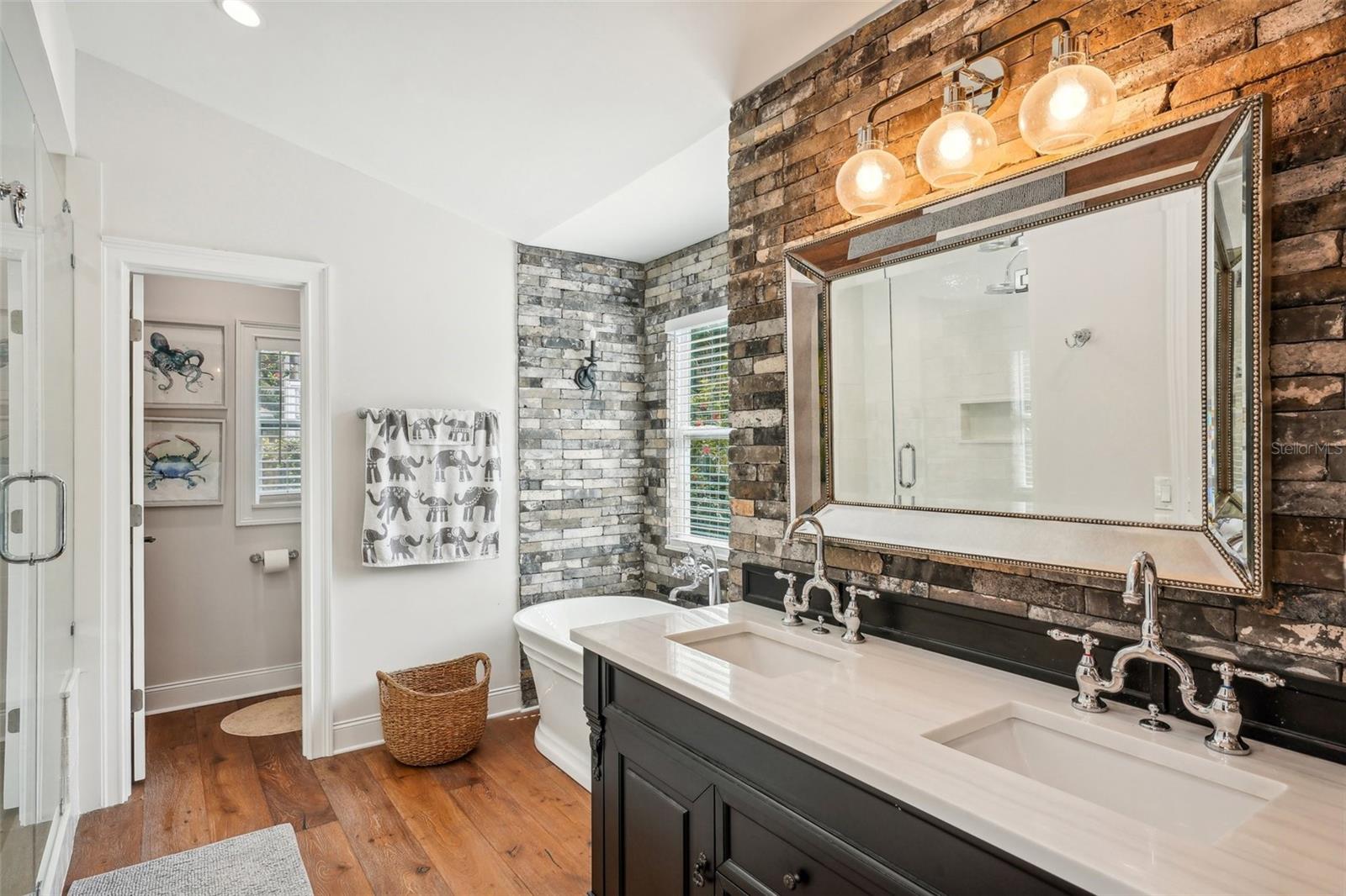 Master bath view of double sink vanity