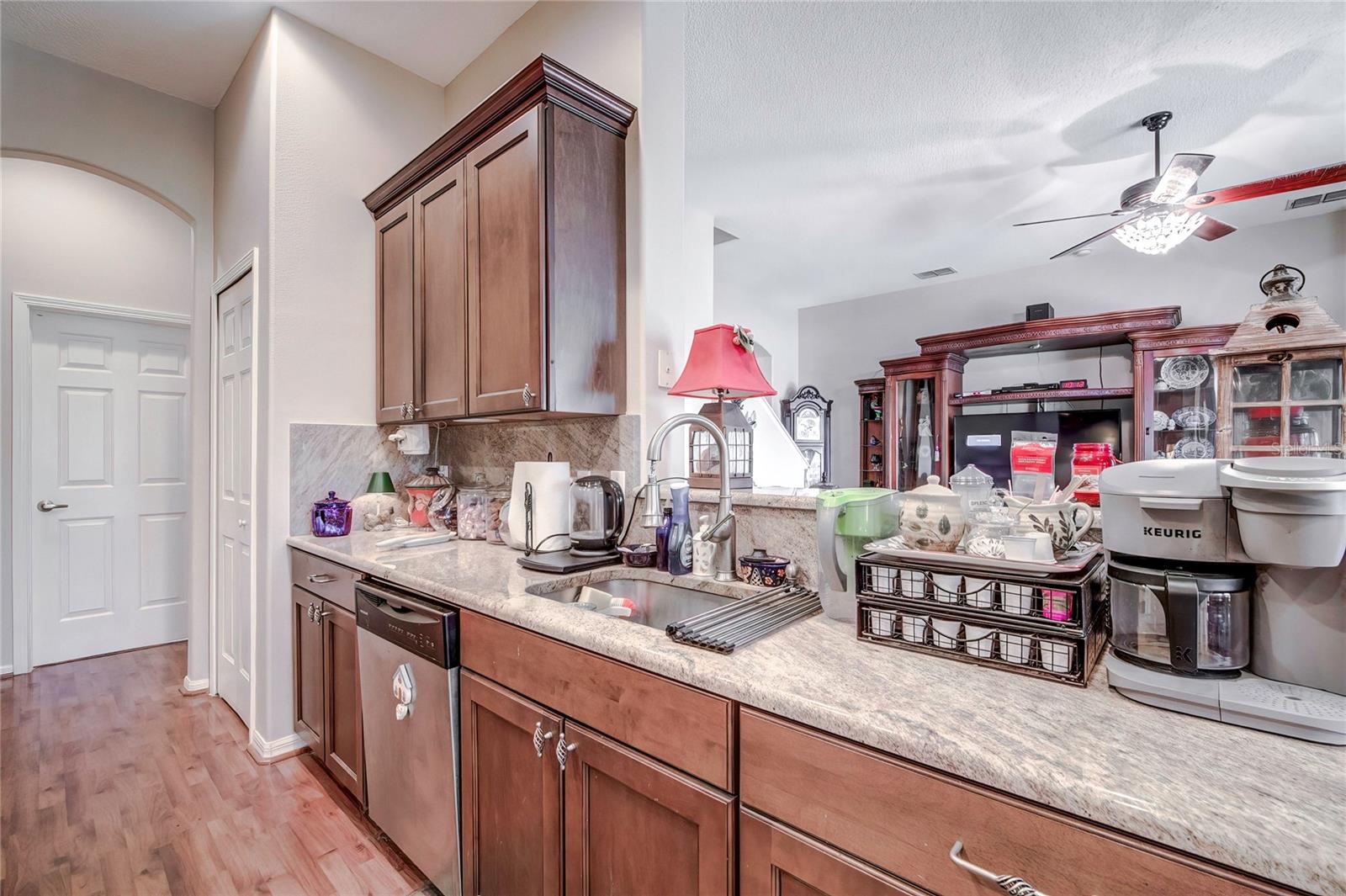 Granite counters, wood cabinets