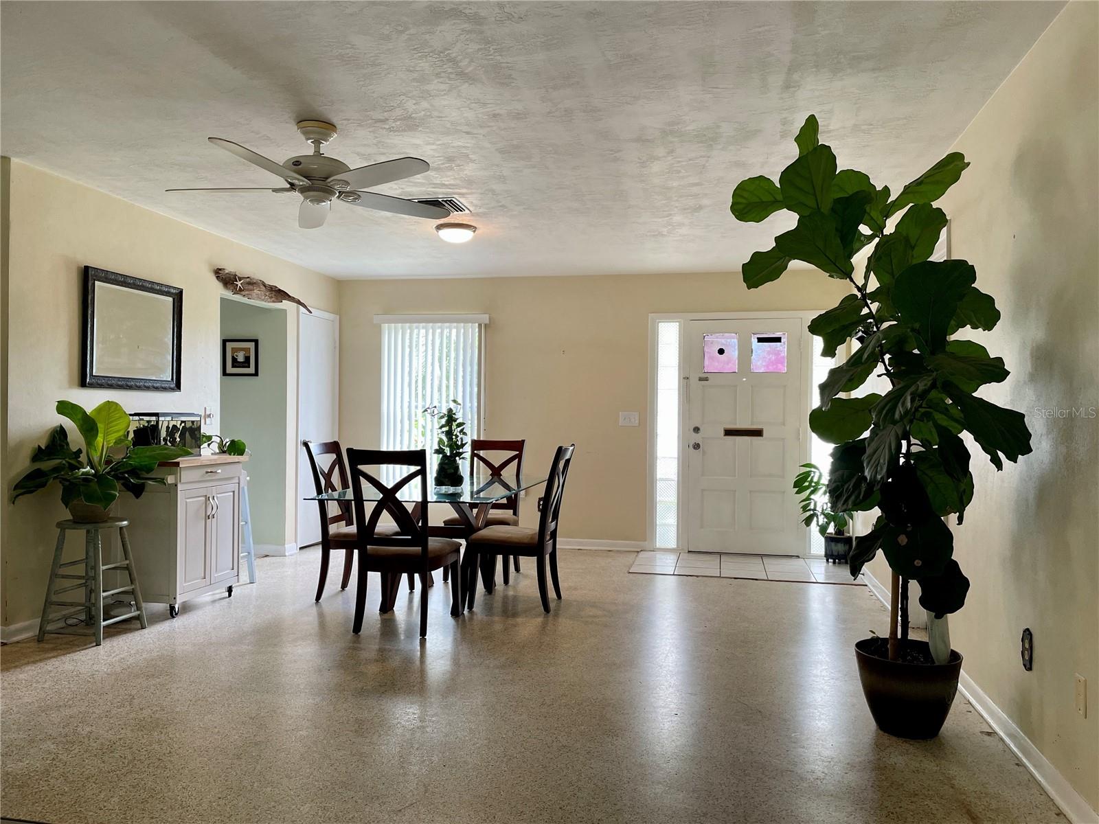 Front door and dining room