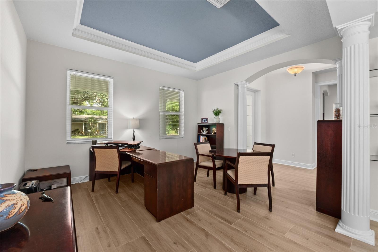 Gorgeous Tray ceiling in this office space