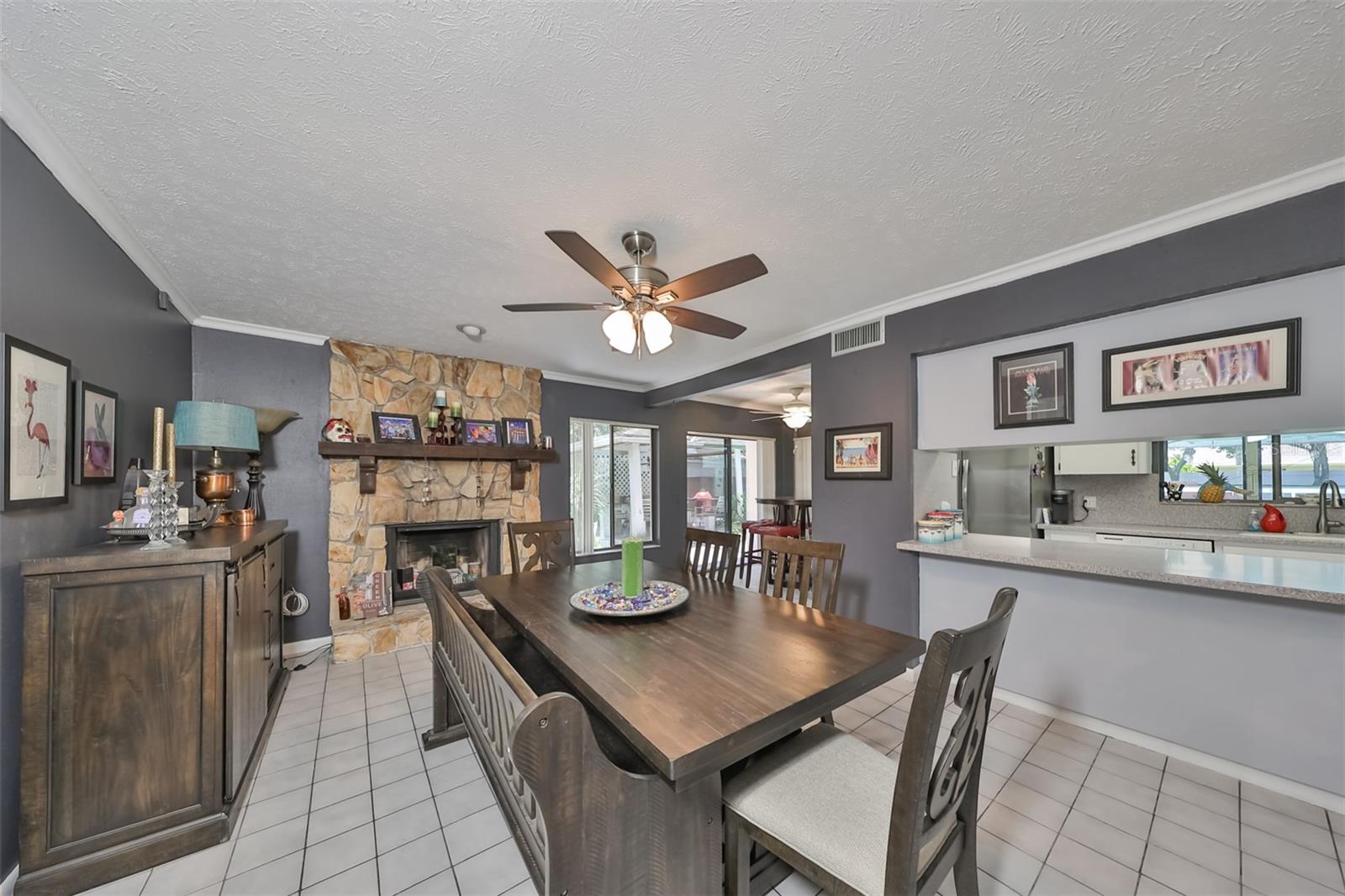 Dining area with wood-burning fireplace