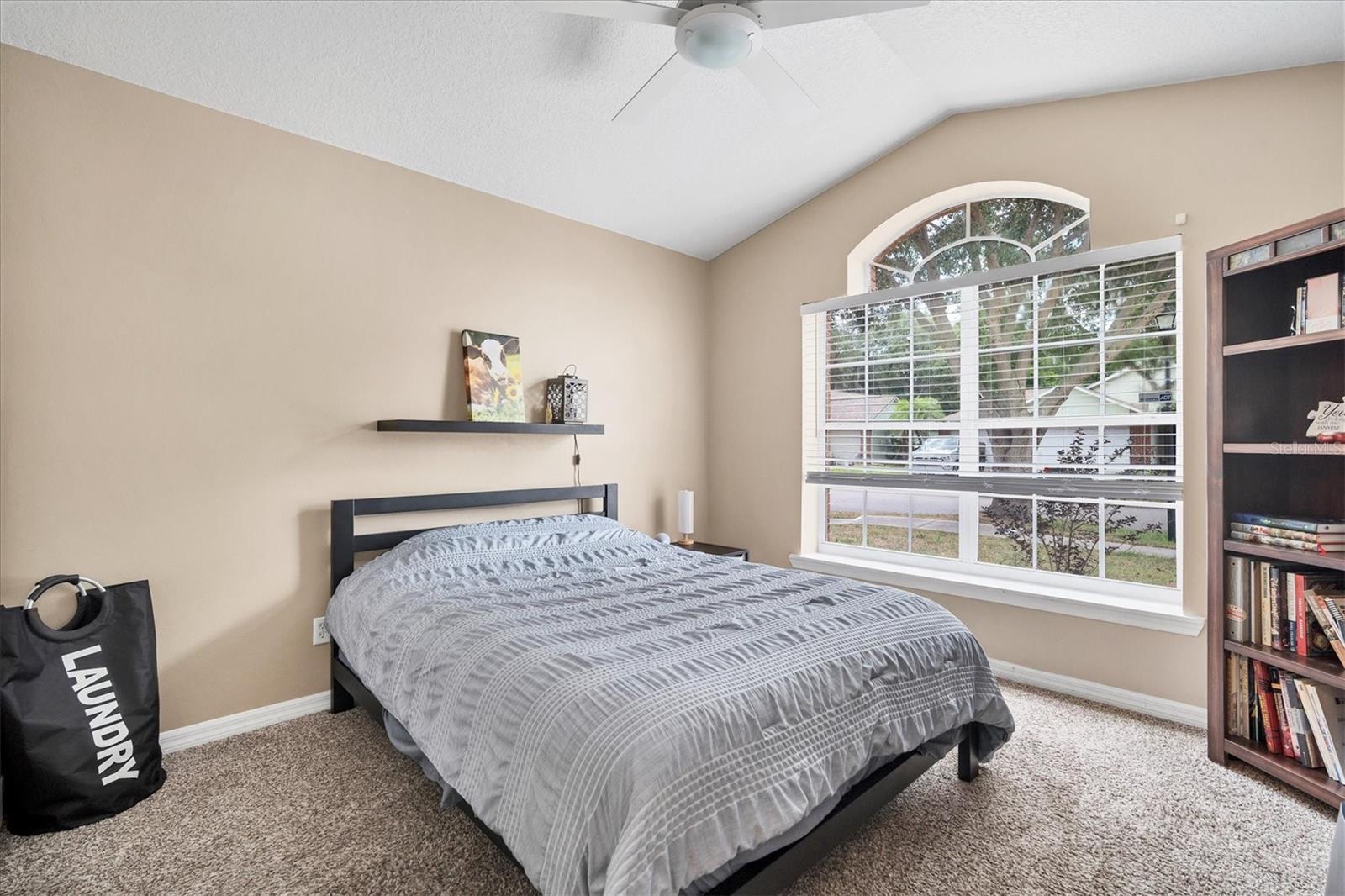 Front bedroom also has high ceiling and plush carpet