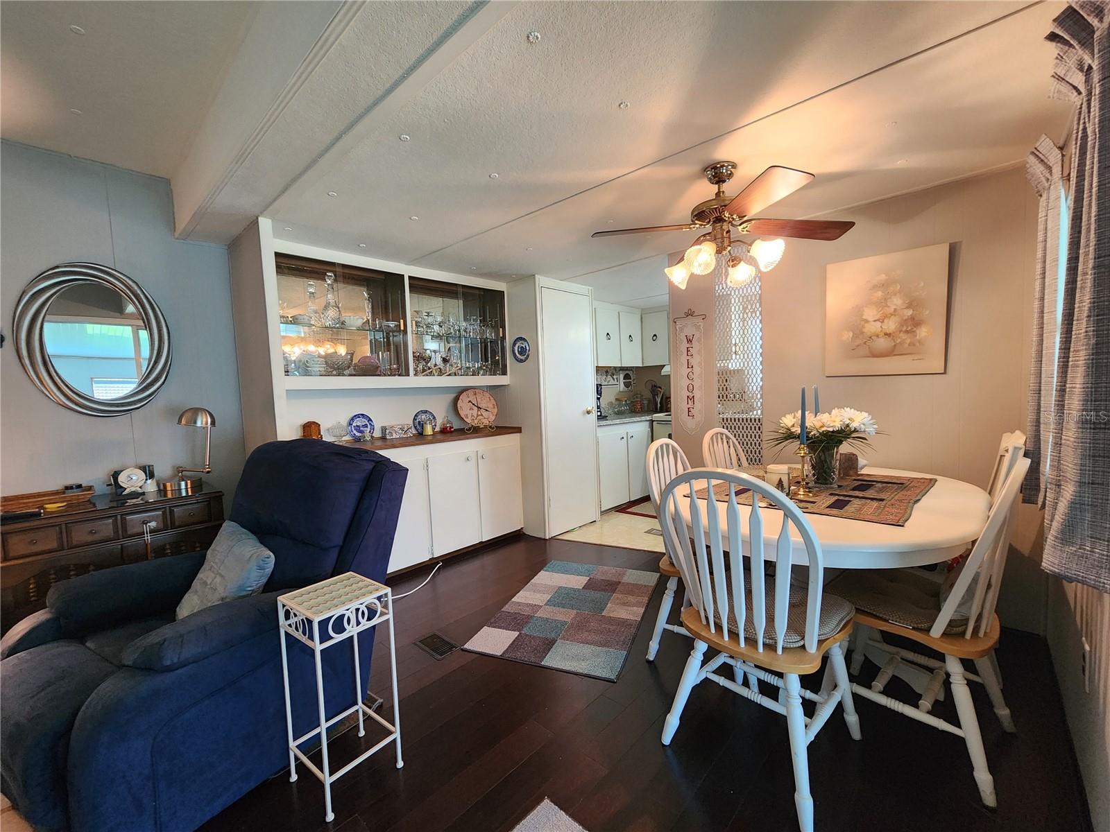 Dining area with built-in hutch.