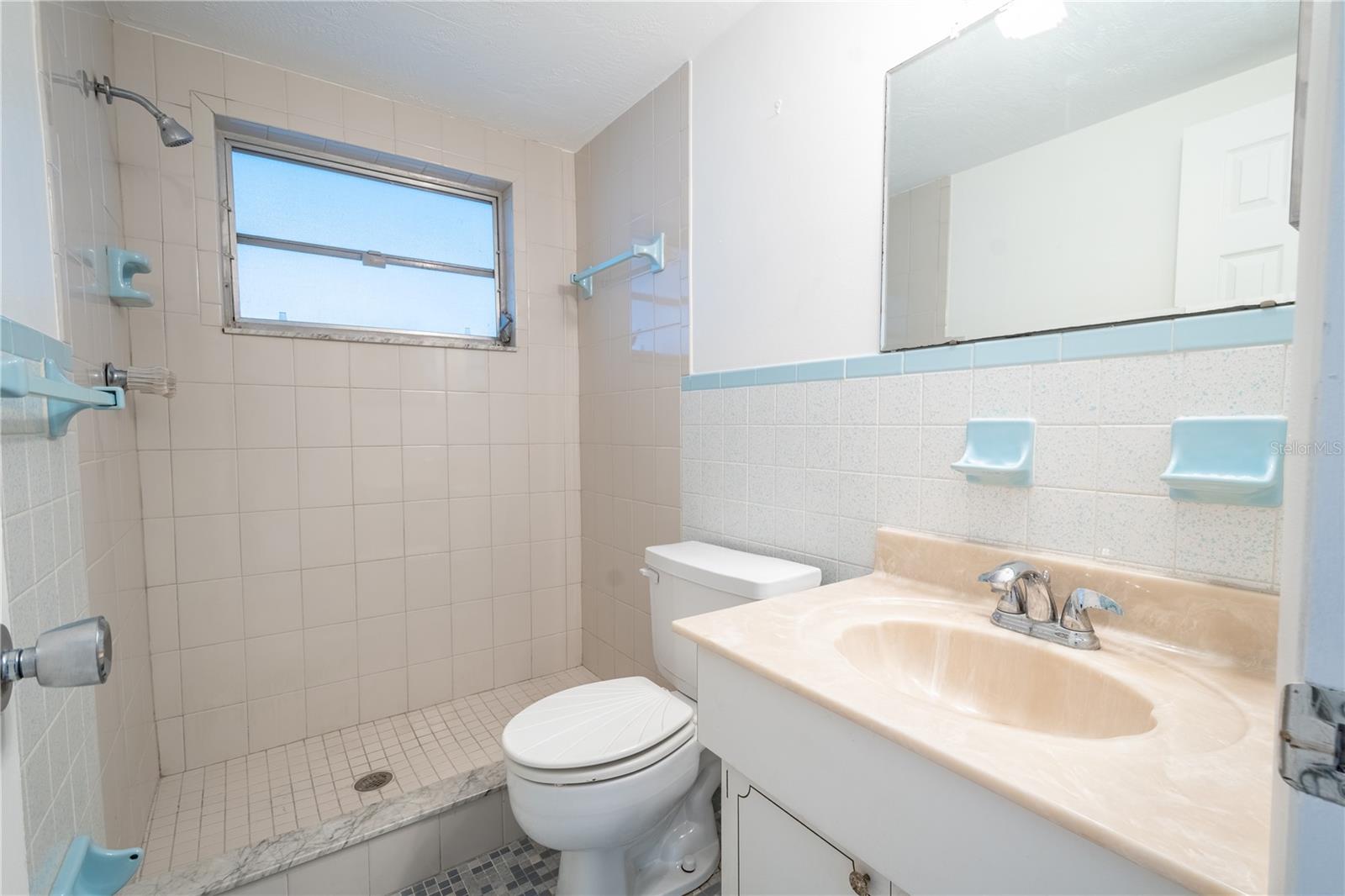 The primary ensuite features a step-in tiled shower and a mirrored vanity with storage.