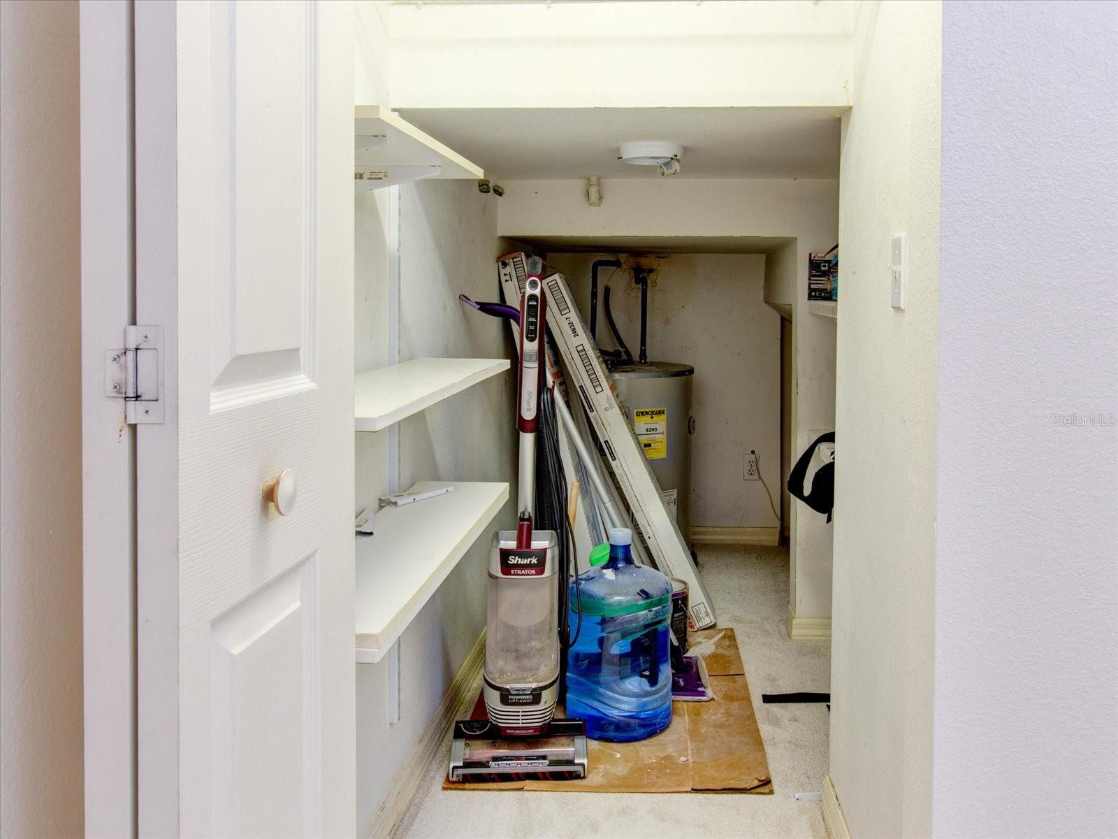 Storage room under the staircase in the dining room.