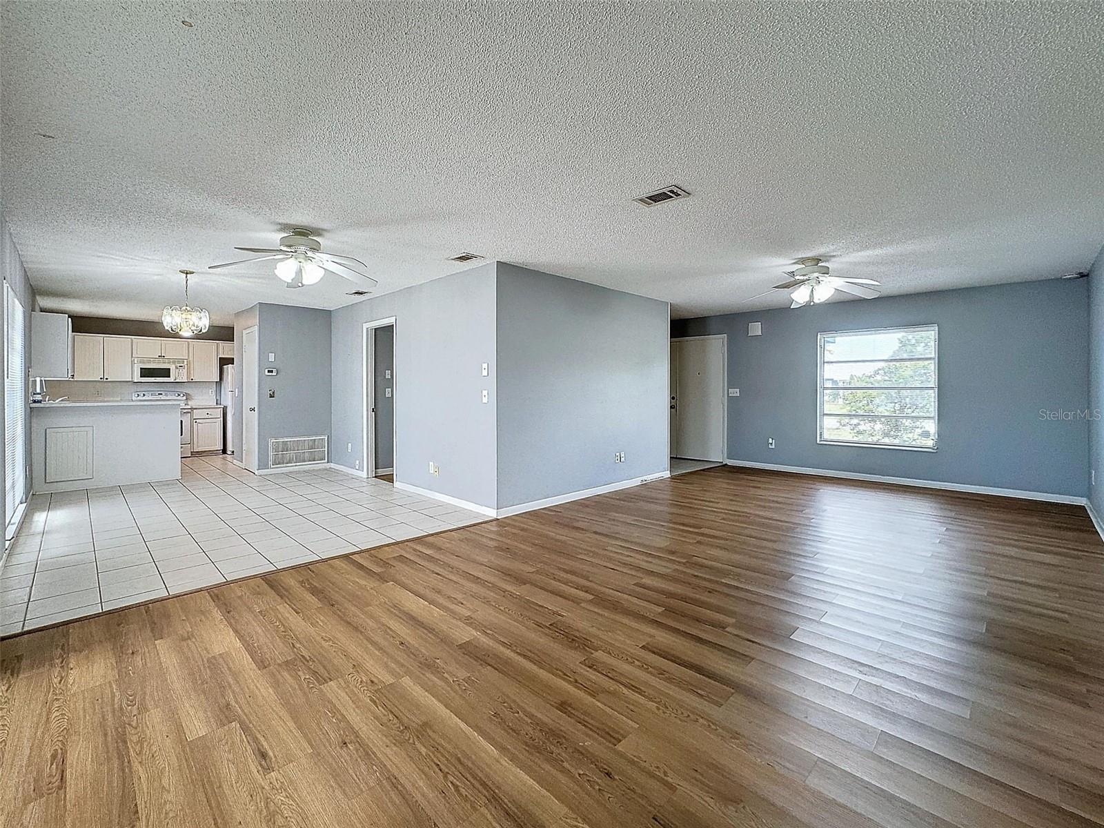 Large Living Room looking into Dining Room and Kitchen