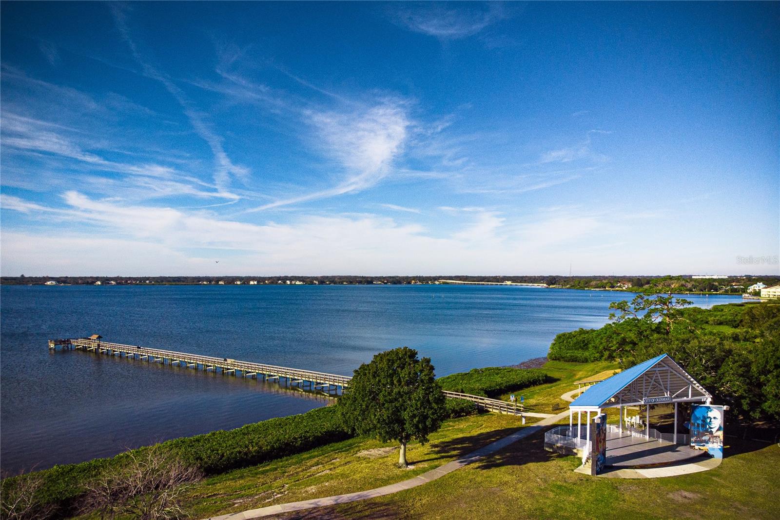 RE Oldsmar Park with bandshell/stage and fishing pier