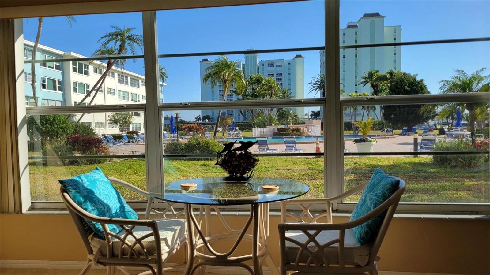 Tropical pool views from living room.