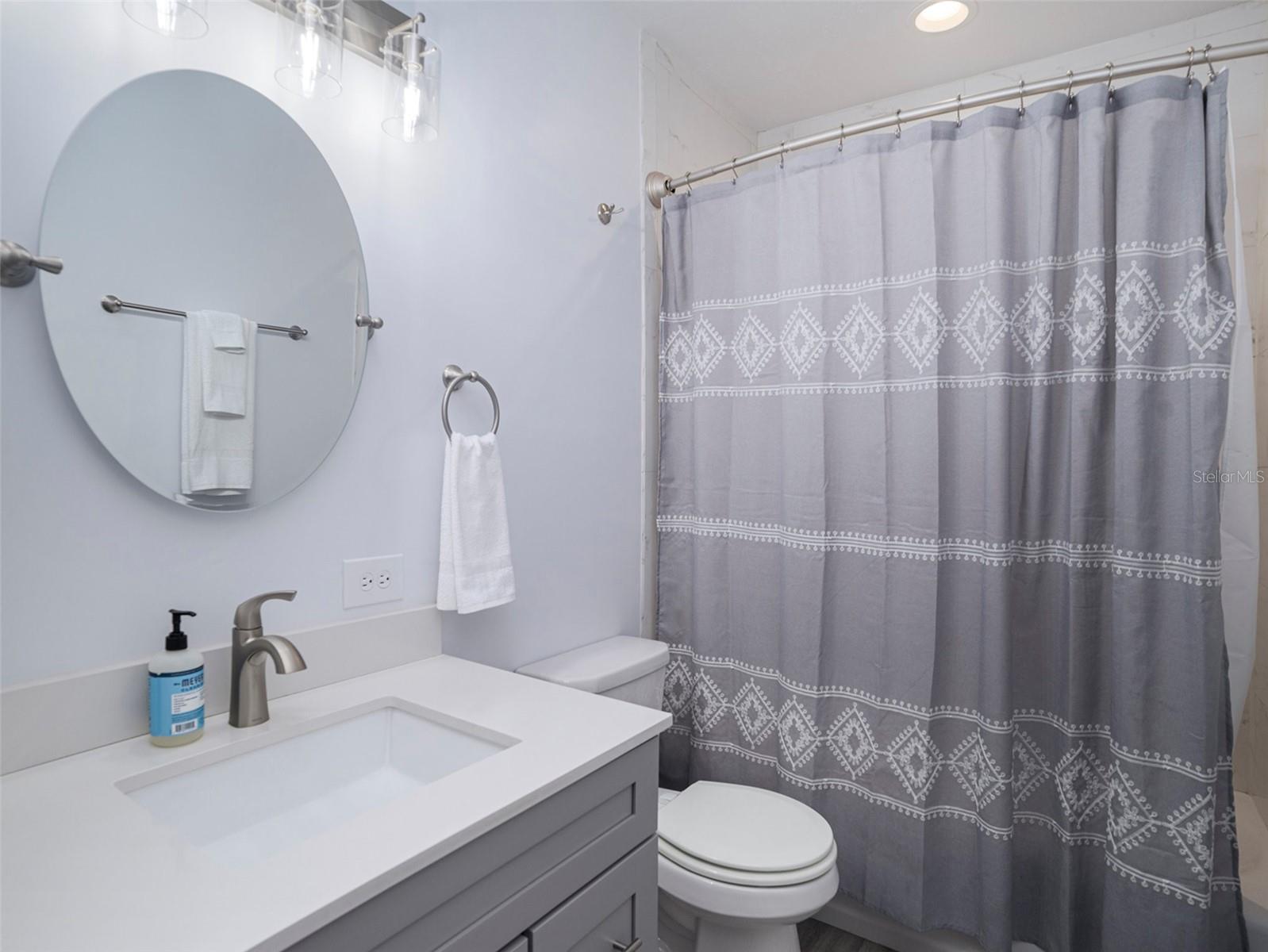 Updated Hall Bathroom with new faucets, floor to ceiling cabinets & lighting.