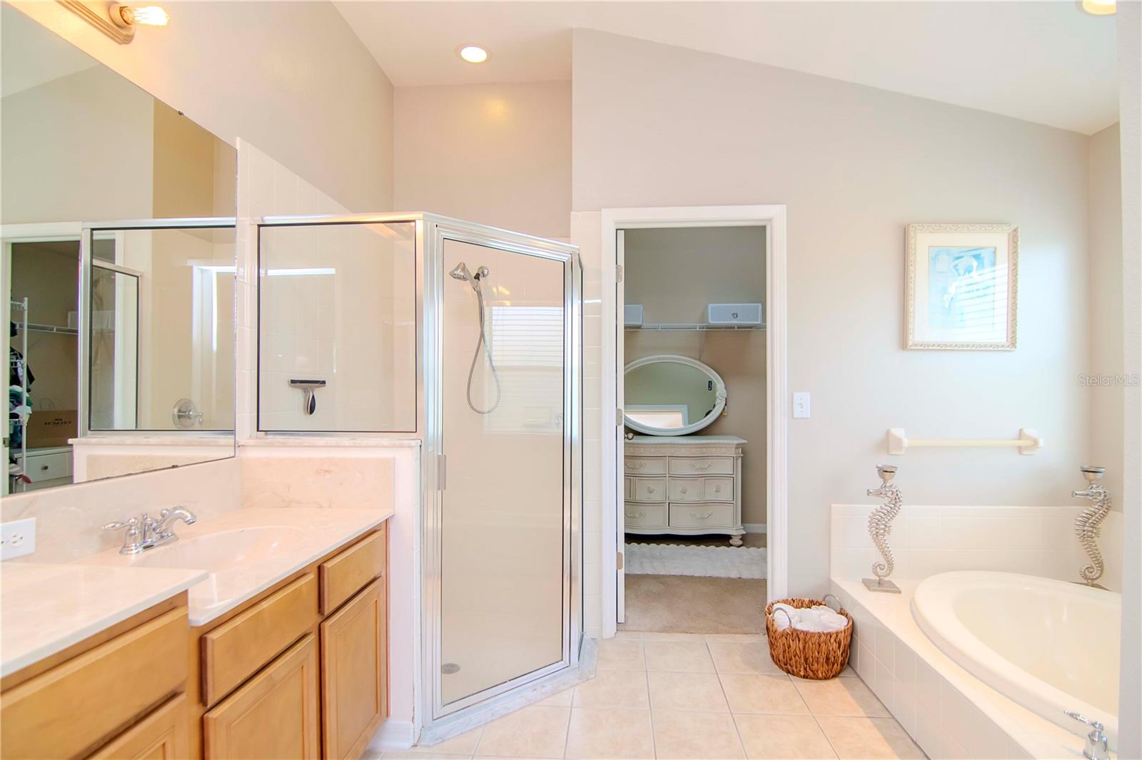 Master bathroom includes a standing shower, soak-in tube, and walk-in closet