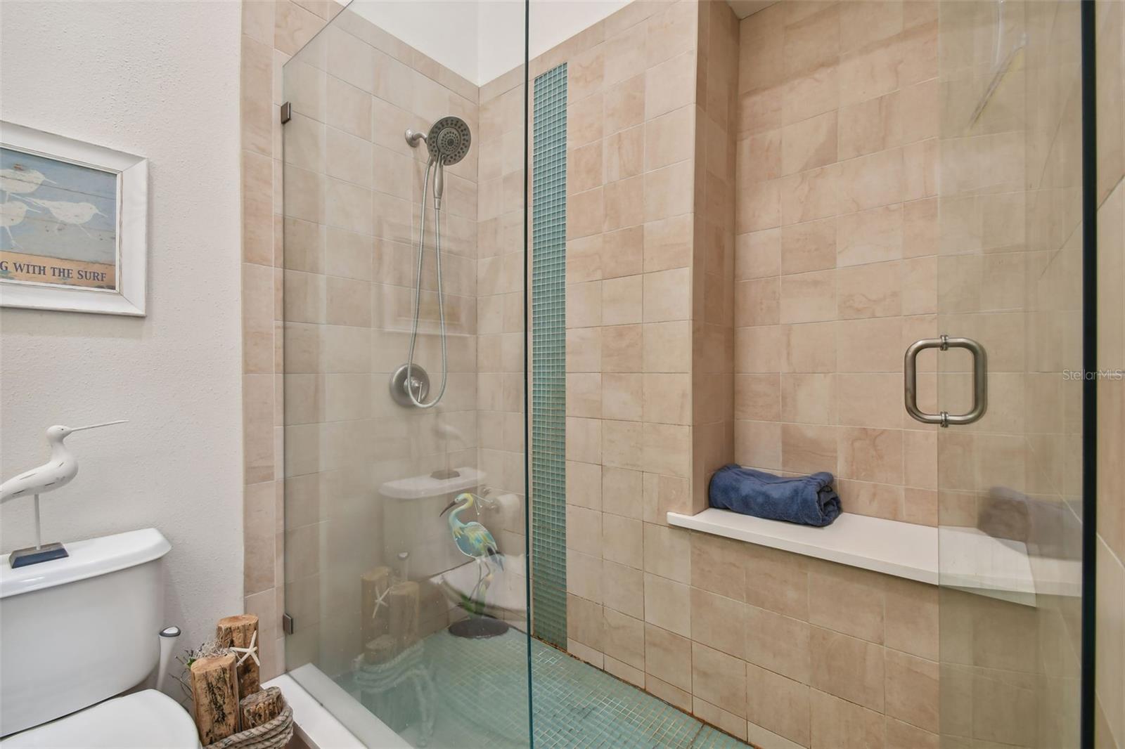 Frameless shower with bench