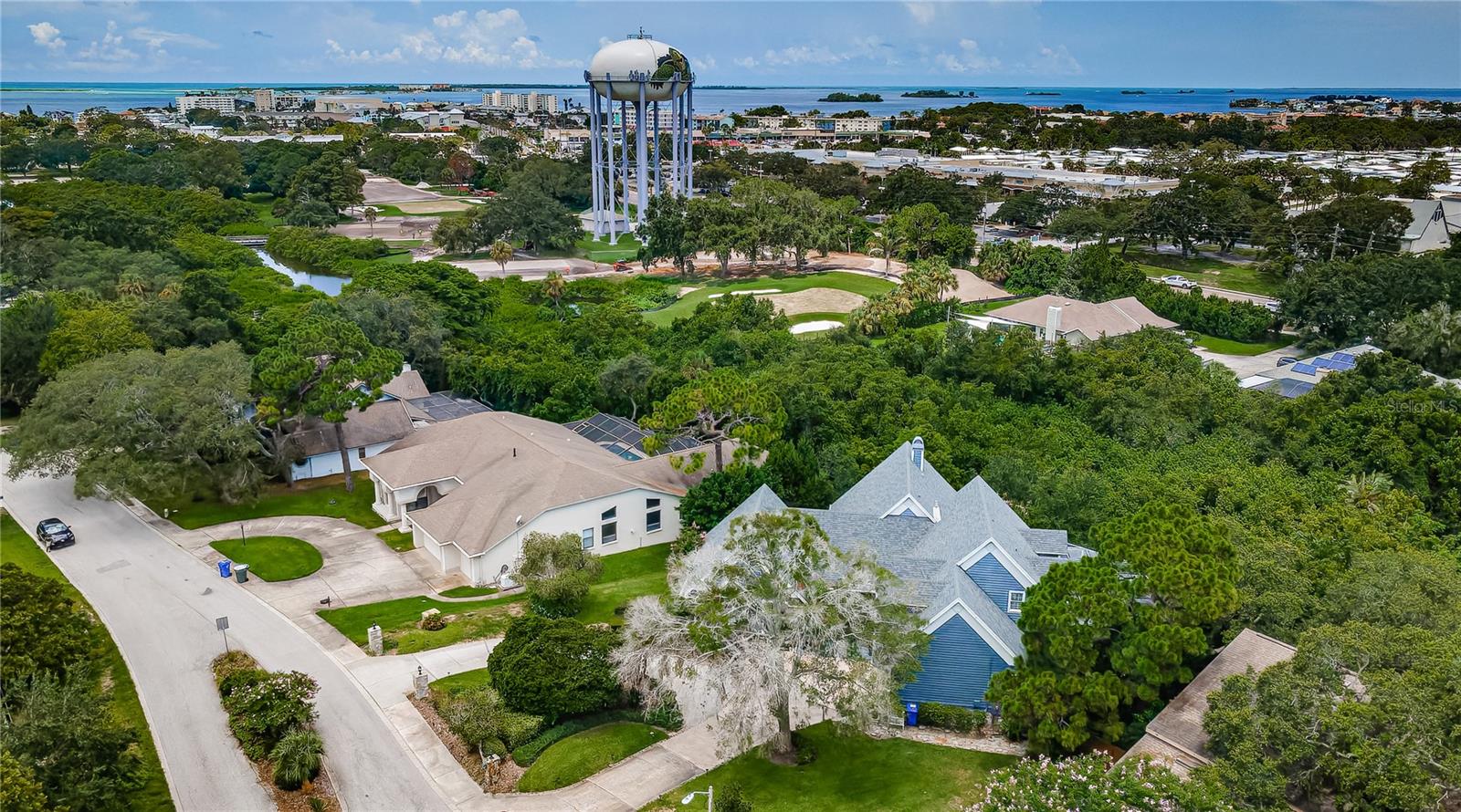 Great overhead shot of the Donald Ross designed Dunedin Golf Course still undergoing renovations.  It will be a beauty when finished.  Also, the famous water tower with the Tortoiseshell/turtle paintings, and the inter-coastal beyond.