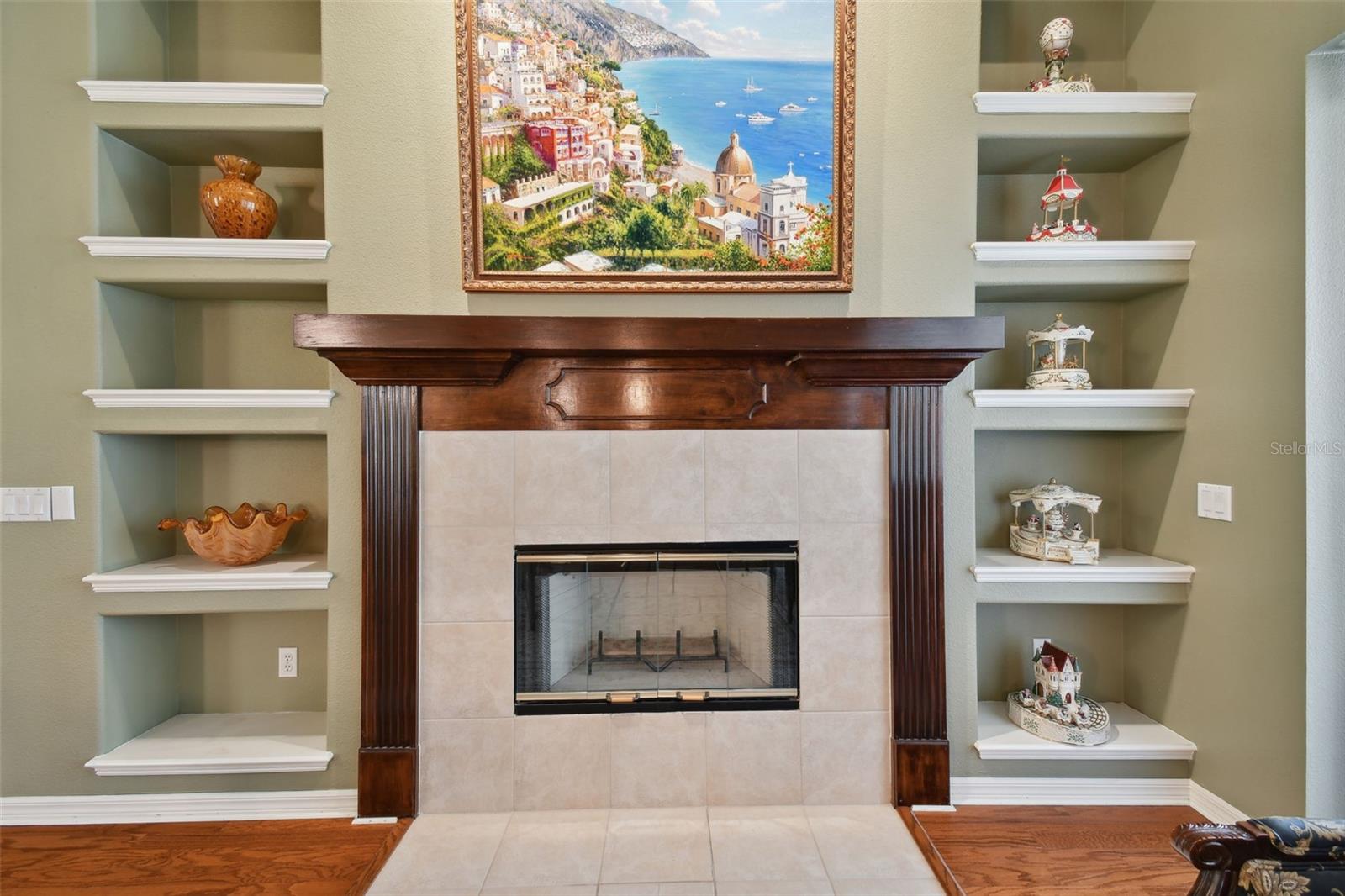 FIREPLACE AND BUILT IN SHELVES