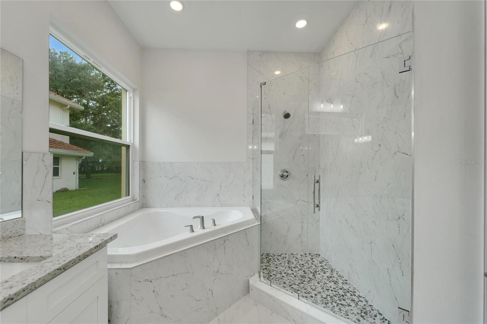 Decorative tiled shower and separate garden tub