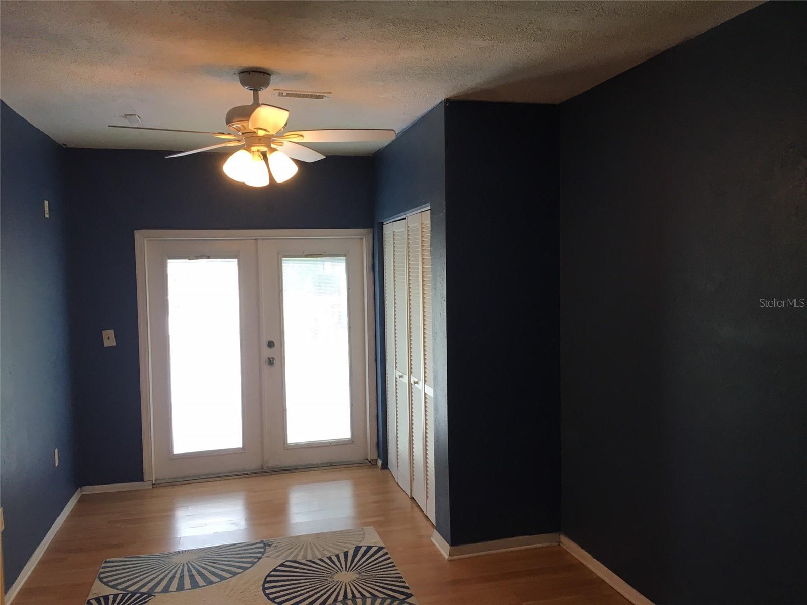 Bonus room ceiling fan, French doors, and closet